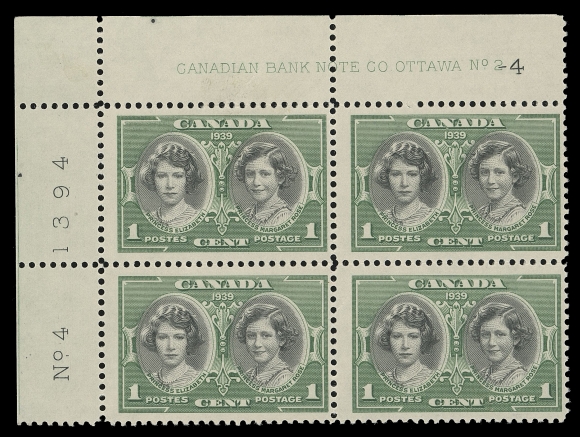CANADA -  9 KING GEORGE VI  246,The "Impossible" plate block - Upper Left Plate 2-4, light gum crease on left pair and minor gum disturbance on lower right stamp, extremely rare - only two have been documented, Fine OG; includes copies of detailed articles on the subject along with census and background information.