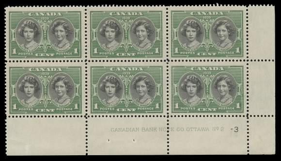 CANADA -  9 KING GEORGE VI  246,The "Impossible" plate block - Lower Right Plate 2-3 block of six, minute gum wrinkle confined to lower left margin, fresh, well centered and with full original gum, VF NH. A very rare plate block - only one other has been reported (a block of four). Includes copies of detailed articles on the subject along with census and background information.