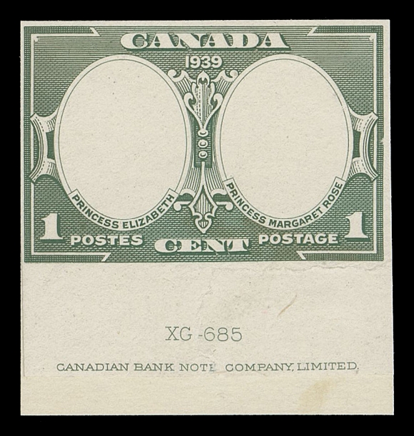 CANADA -  9 KING GEORGE VI  246-248,An extraordinary lot consisting of ALL SIX Progressive Die Proofs - three of the Surrounding Frames and three of the Central Vignettes. All engraved and printed in the issued colours on card mounted india paper, showing die numbers XG-685, XG-686 and XG-687 respectively with CBN imprint below. Each denomination comes with Original ABNC typewritten "index card" annotating specifications, order number and date of approval. A cornerstone set of this popular commemorative series, VF and UNIQUE

A MARVELOUS SET OF PROGRESSIVE DIE PROOFS, WHICH HAS BEEN HELD IN A PRIVATE COLLECTION FOR MORE THAN 20 YEARS.

Unlisted in the exhaustive Minuse & Pratt handbook or on Glen Lundeen BNA Proofs website.