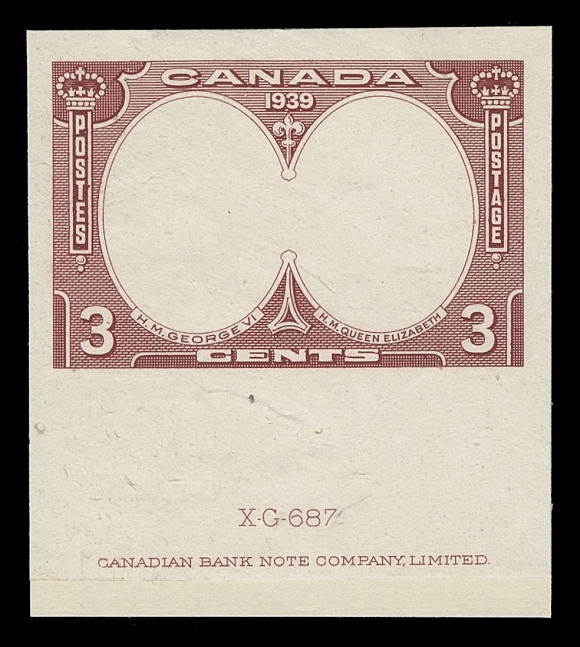 CANADA -  9 KING GEORGE VI  246-248,An extraordinary lot consisting of ALL SIX Progressive Die Proofs - three of the Surrounding Frames and three of the Central Vignettes. All engraved and printed in the issued colours on card mounted india paper, showing die numbers XG-685, XG-686 and XG-687 respectively with CBN imprint below. Each denomination comes with Original ABNC typewritten "index card" annotating specifications, order number and date of approval. A cornerstone set of this popular commemorative series, VF and UNIQUE

A MARVELOUS SET OF PROGRESSIVE DIE PROOFS, WHICH HAS BEEN HELD IN A PRIVATE COLLECTION FOR MORE THAN 20 YEARS.

Unlisted in the exhaustive Minuse & Pratt handbook or on Glen Lundeen BNA Proofs website.