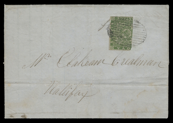 NOVA SCOTIA -  1 PENCE  1857 (September 5) Folded cover bearing a vertical bisect of the 6p yellow green to pay the current 3 pence domestic letter rate to Halifax, clear to large margins, tiny margin flaw top left, ideally tied by oval mute grid, same-ink Upper Musquodoboit SP 5 1857 double arc dispatch on back and same-day oval (Halifax) receiver, horizontal fold well away from the scarce bisect usage, F-VF (Unitrade 4a)