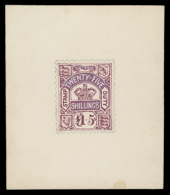 VICTORIA  AR21,An impressive Handpainted Preliminary Proof of the adopted design in red, rose and Chinese white with pencilled-in perforations, on thick white card 70 x 82mm, most striking, VF and rare (SG 243)