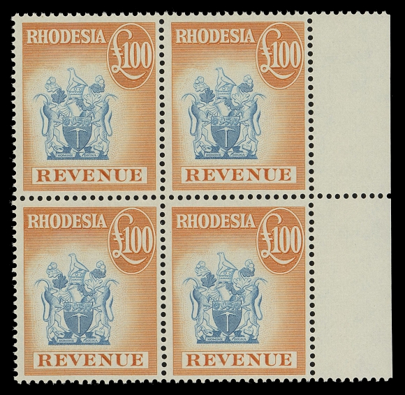 RHODESIA  Barefoot 27-43, 50,A fresh mint set of 17, VF NH; also six different coloured "Arms" proof pairs on wove paper; and Rhodesia 1966 £100 orange and blue Coat of Arms high value mint block, VF NH