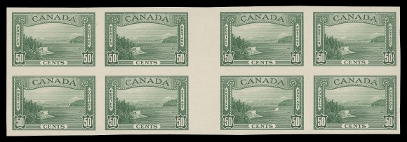 CANADA -  9 KING GEORGE VI  243, 244, 245,The three high values of the set in remarkably fresh and choice plate proof blocks of eight with vertical gutter margins between blocks, printed on card mounted india paper. All in choice condition and rarely seen; visually striking, XF; accompanied by 2019 Greene Foundation certificates
