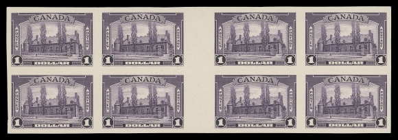 CANADA -  9 KING GEORGE VI  243, 244, 245,The three high values of the set in remarkably fresh and choice plate proof blocks of eight with vertical gutter margins between blocks, printed on card mounted india paper. All in choice condition and rarely seen; visually striking, XF; accompanied by 2019 Greene Foundation certificates