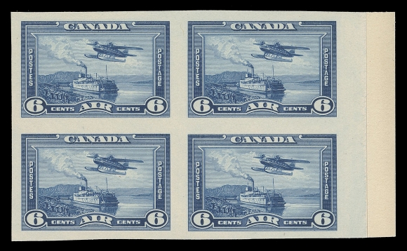 CANADA -  9 KING GEORGE VI  241-245, C6,The set of four plate proof blocks in issued colours on card mounted india paper (13c does not exist) plus the 6c airmail, each with sheet margin on one side, VF