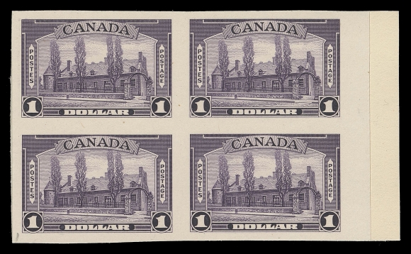 CANADA -  9 KING GEORGE VI  241-245, C6,The set of four plate proof blocks in issued colours on card mounted india paper (13c does not exist) plus the 6c airmail, each with sheet margin on one side, VF