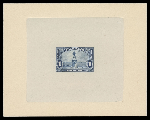 CANADA -  8 KING GEORGE V  227,Large Die Proof printed in blue, colour of issue, on india paper 86 x 75mm die sunk on larger card 128 x 100mm; the unhardened die without imprint and number. Oddly enough, die proofs of the One dollar denomination in the issued colour are much rarer - a mere three are recorded on the Glen Lundeen BNA proofs website. In pristine condition, rare and XF