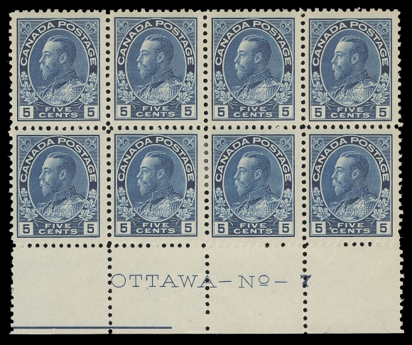 CANADA -  8 KING GEORGE V  111,An impressive mint lower margin Plate 7 block of eight, fabulous colour and sharp impression on fresh paper, lower centre pair hinged once, other six stamps never hinged. A wonderful plate block, VF (Unitrade cat. $6,000 for single stamps)