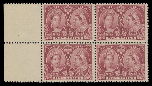 CANADA -  6 1897-1902 VICTORIAN ISSUES  61,A beautiful mint block, sheet margin at left and post office fresh, LH in selvedge only, all stamps with full unblemished original gum, NEVER HINGED. Very few blocks survive, Fine+ NH; 2019 Greene Foundation cert.
