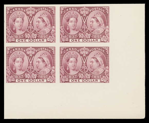 CANADA -  6 1897-1902 VICTORIAN ISSUES  50-65,An extraordinary set of sixteen corner margin plate proof blocks on card mounted india paper, all in their true rich colours, as issued; one cent with marginal card tear at foot and 20c with slight oxidized colour at top, both inconsequential in our opinion, a very rare set of positional corner blocks of Canada