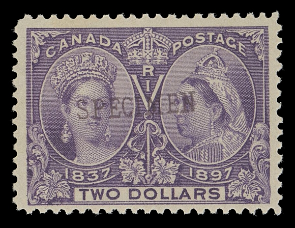 CANADA -  6 1897-1902 VICTORIAN ISSUES  59s-65s,A remarkable set of seven mint singles with SPECIMEN overprint; the 20c & 50c with usual fine centering, the sought-after, key high values are uncharacteristically well centered and choice, displaying exceptionally fresh colours and with unusually full original gum, NEVER HINGED. A great specimen set in superior quality, VF-XF NH (Unitrade cat. as fine for 20c & 50c and VF NH for dollar values)
