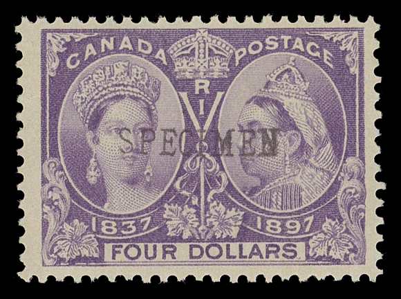 CANADA -  6 1897-1902 VICTORIAN ISSUES  59s-65s,A remarkable set of seven mint singles with SPECIMEN overprint; the 20c & 50c with usual fine centering, the sought-after, key high values are uncharacteristically well centered and choice, displaying exceptionally fresh colours and with unusually full original gum, NEVER HINGED. A great specimen set in superior quality, VF-XF NH (Unitrade cat. as fine for 20c & 50c and VF NH for dollar values)