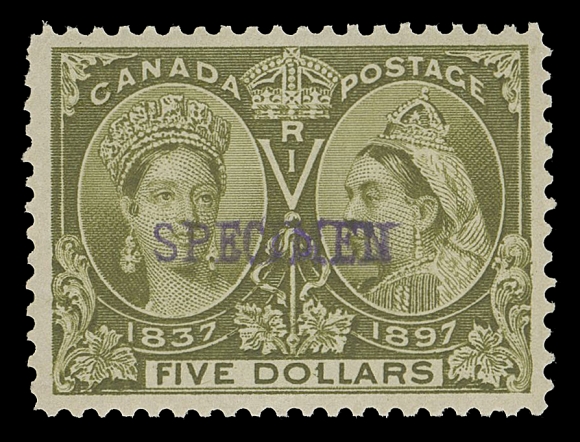 CANADA -  6 1897-1902 VICTORIAN ISSUES  59s-65s,A remarkable set of seven mint singles with SPECIMEN overprint; the 20c & 50c with usual fine centering, the sought-after, key high values are uncharacteristically well centered and choice, displaying exceptionally fresh colours and with unusually full original gum, NEVER HINGED. A great specimen set in superior quality, VF-XF NH (Unitrade cat. as fine for 20c & 50c and VF NH for dollar values)