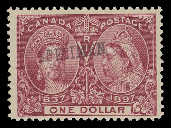 CANADA -  6 1897-1902 VICTORIAN ISSUES  59s-65s,A remarkable set of seven mint singles with SPECIMEN overprint; the 20c & 50c with usual fine centering, the sought-after, key high values are uncharacteristically well centered and choice, displaying exceptionally fresh colours and with unusually full original gum, NEVER HINGED. A great specimen set in superior quality, VF-XF NH (Unitrade cat. as fine for 20c & 50c and VF NH for dollar values)