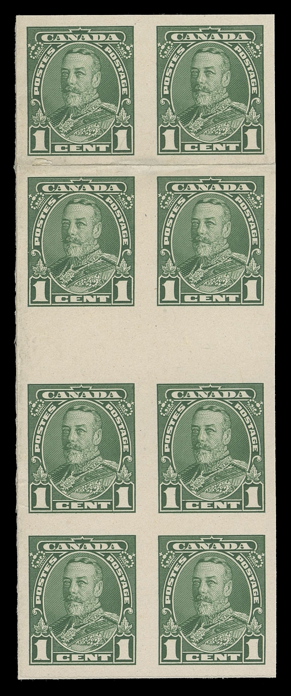 CANADA -  8 KING GEORGE V  217-222,The set of six plate proof blocks of eight in issued colours on card mounted india paper; each with horizontal gutter margin (12mm wide) at centre, fold between first 
and second rows as do all known examples. A visually striking set of interpanneau proof multiples, VF (Unitrade cat. $4,800 as eight sets of singles)