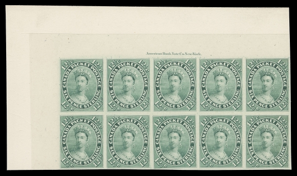 CANADA -  3 CENTS  18TC,Trial colour plate proof block of ten with upper left corner margin, printed in bright blue green shade on card mounted india paper, showing ABNC imprint above plate positions 2-4; choice and appealing, VF (Cat. as single proofs)