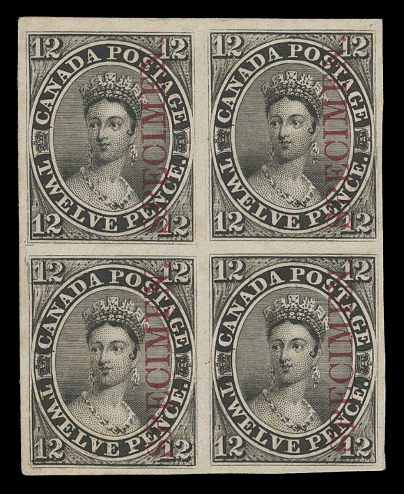 CANADA -  2 PENCE  3Pi,An extraordinary plate proof block of four printed in the issued colour on card mounted india paper, vertical SPECIMEN overprint in carmine, noticeably large margins all around. Very seldom encountered in a  block, XFA distinct Major Re-entry shows on the lower left proof - strong doubling is visible in and around all lettering, corner numerals and left vertical frameline.