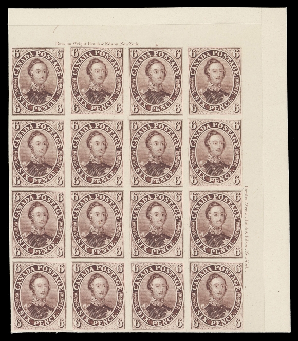 CANADA -  2 PENCE  2TCi,Trial colour plate proof block of sixteen in red purple, with top right corner margin (Pos. 7-10 / 37-40), Rawdon, Wright, Hatch & Edson, New York plate imprints at top and right, fresh and choice, XF (Unitrade cat. $5,200 for proof singles)