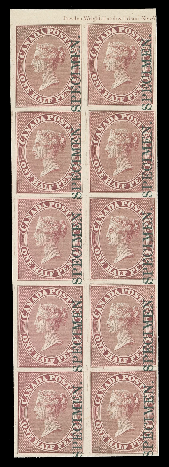 CANADA -  2 PENCE  8Pi + varieties,Top margin plate imprint proof block of ten on card mounted india paper (Positions 9-10 / 57-58) with vertical SPECIMEN overprint in dark green, displays prominently three different documented Strong Re-entries at Positions 22, 46, 58 (from plate of 120 subjects) located on the second, fourth and fifth stamps in right column, VF (Unitrade cat. as normal proofs)