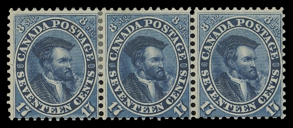 CANADA -  3 CENTS  19a,An impressive mint strip of three from a distinctive and scarcer  early printing, reasonable centering for this difficult issue,  exceptional colour and impression as well as possessing large  part original gum. A wonderful multiple of this early printing,  Fine+ OG and very scarce thus. (Unitrade cat. $8,250 as singles)Expertization: 2018 Greene Foundation certificateProvenance: General Robert Gill, October 1965; Lot 101 (described as indigo shade)E. Carey Fox, Second Portion, October 1968; Lot 165J. Grant Glassco, July 1969; Lot 83Highlands (Part One), November 2018; Lot 263