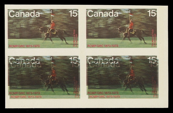CANADA - 10 QUEEN ELIZABETH II  614a, footnote,Lower right margin imperforate block with the lower pair double printed in error, hint of a tiny bend on lower left stamp, rare and especially so in such choice condition, VF NH (Cat. as two pairs)