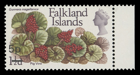 FALKLAND ISLANDS  198a,Surcharged 5p instead of in error at lower left, very scarce, VF NH; 1984 Brandon cert.