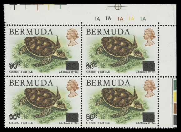 BERMUDA  509 variety, footnote,Upper right imprint "1A" block, surcharged locally, doubled, VF NH and scarce
