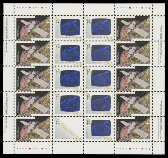 CANADA - 10 QUEEN ELIZABETH II  1442b,Mint pane of twenty stamps showing the MISSING HOLOGRAM ERROR on left stamp in lower row, rare, VF NH