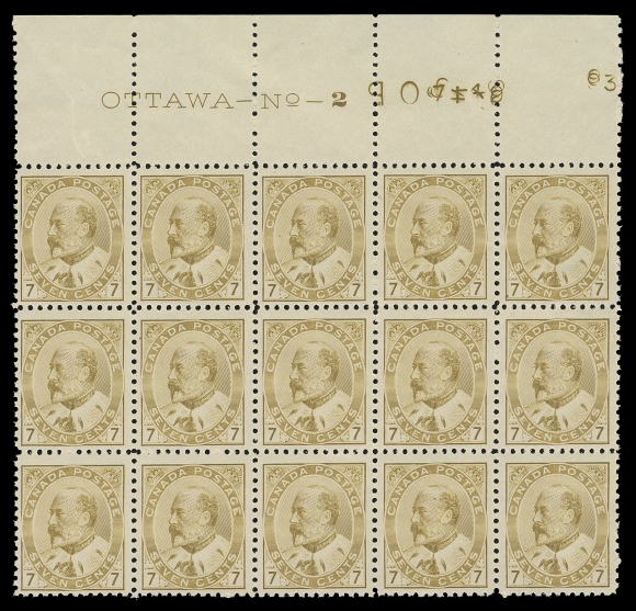 CANADA -  7 KING EDWARD VII  92iii,A post office fresh mint Plate 2 block of fifteen, earlier order  numbers etched out with "93" in place at right - the last  printing order of this denomination, quite well centered as a  plate block, right stamps particularly so, remarkably full  unblemished original gum. A very scarce plate block especially  desirable in such choice quality, F-VF NH (Unitrade cat. $8,550  as single stamps)