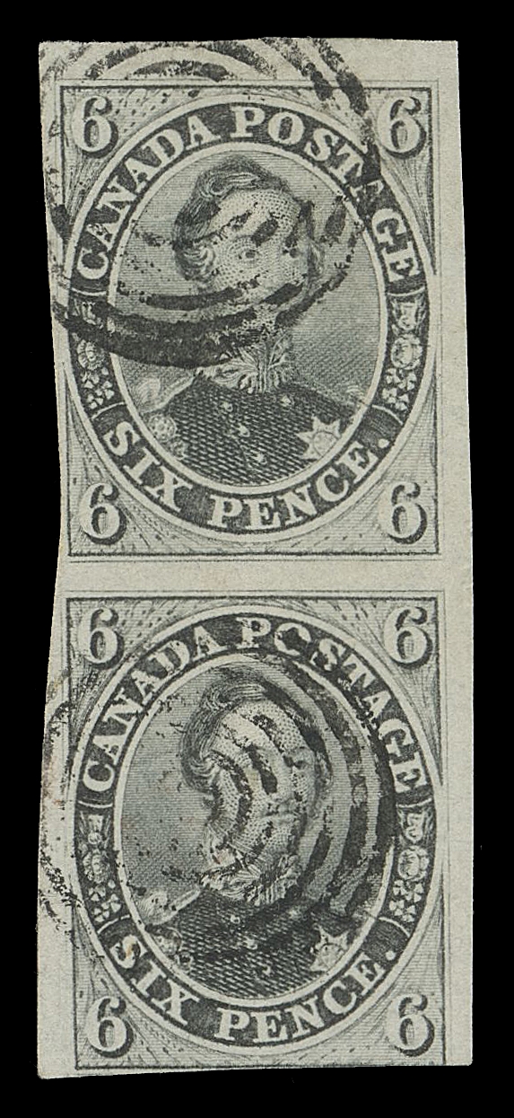 CANADA -  2 PENCE  5,A used vertical pair with great eye-appeal, barely touching bottom frame to enormous margins, with fabulous colour, sharp impression on pristine fresh paper, neat concentric rings cancellations. A lovely pair in sound condition and very scarce thus, Fine

Expertization: 2010 Greene Foundation certificate

Provenance: Charles Lathrop Pack, Part Two, Harmer, Rooke & Co., April 1945; Lot 105