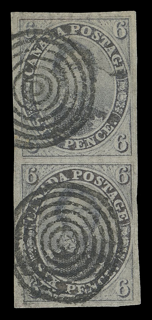 CANADA -  2 PENCE  2,A large margined used vertical pair, clear laid lines and ideally cancelled by two well-struck concentric rings, negligible marginal flaw at top barely discernible, a rare multiple with wonderful appeal, VF; clear 1986 Alcuri cert.