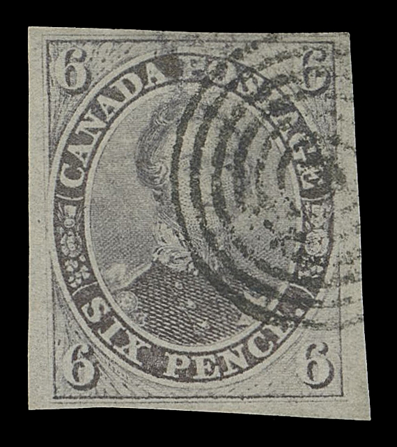 CANADA -  2 PENCE  2,A selected used example with laid lines plainly visible in fluid, clear to very large margins, neat and sharp concentric rings cancel, most appealing, VF; 2018 Greene Foundation cert.