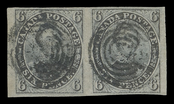 CANADA -  2 PENCE  2,An impressive used horizontal pair with prominent laid lines, surrounded by clear to very large margins especially at sides, deep colour and sound, concentric rings cancels, a rare multiple in sound condition, F-VF; 1960 PF cert. as "greyish purple", 2018 PSE cert. as "slate violet". 
