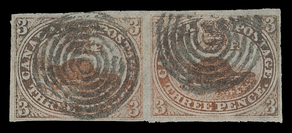 CANADA - 2 PENCE 1,A used horizontal pair with ample margins, colour somewhat oxidized but otherwise flawless on pristine paper with prominent laid lines, concentric rings cancels, F-VF; clear 1987 Greene Foundation cert. (Unitrade cat. as singles)