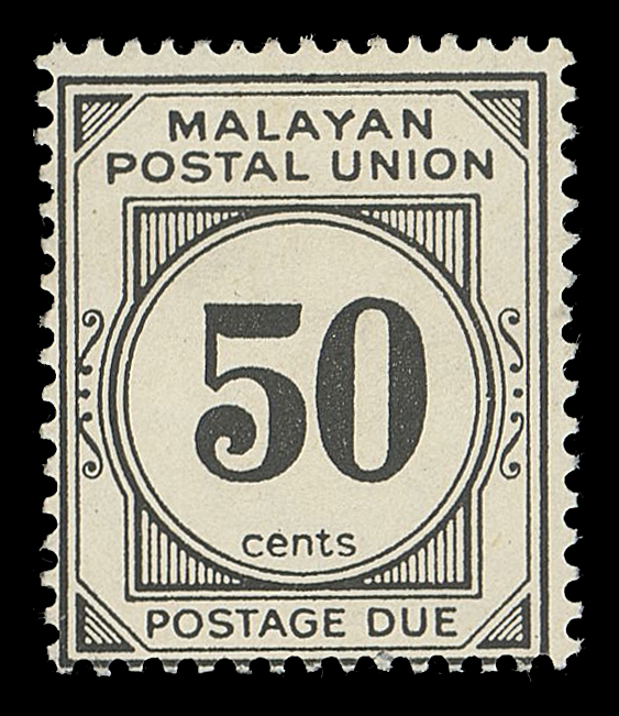 MALAYA-FEDERATED STATES  Gibbons D30,Mint example of this rarity, only about 30 are believed to exist in mint condition (Singapore, circa. 1968); hint of gum disturbance at foot, still mint NH and a rare stamp that is missing from even the most advanced collections, typical Fine centering (Scott unlisted; SG D30 £4,000)
