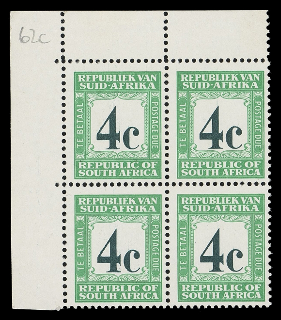 SOUTH AFRICA  Gibbons D62b, D62c,Top left corner block, Gibbons design type D6 (Afrikaans imprint at top) watermarked RSA Multiple (upright position) originating from a small printing in June 1969, a rare multiple; also similar printing watermarked block, sheet margin at foot, with Gibbons type D7 (English imprint at top), F-VF NH (SG D62b, D62c £1,640)