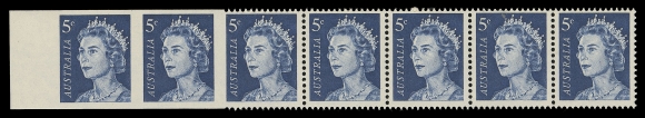 AUSTRALIA  399 variety,Left margin mint horizontal strip of seven, left pair imperforate in error, third stamp imperforate vertically at left. A rare perforation error in pristine condition, VF NH (SG 386cb £3,000)