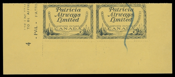 CANADA - 13 SEMI-OFFICIAL AIRMAILS  CL43Piii,Lower margin Series "4" rouletted pair in dark green on yellow gummed paper - no airplane, crayon mark on right stamp applied by printer, likely due to inconsistent impression, most striking, Fine NH

Side margin inscriptions are noticeably weak and the "-PAL-" printed letters on both sides are thinner than those on the issued sheets.