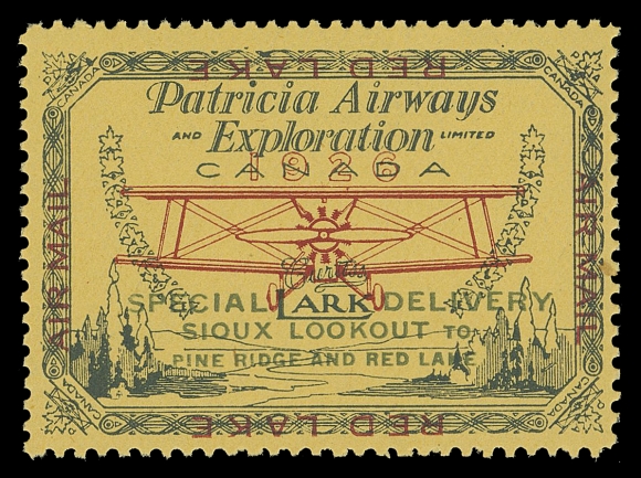 CANADA - 13 SEMI-OFFICIAL AIRMAILS  CL13i,An impressive mint single of the rare INVERTED "RED LAKE" marginal inscriptions; with green route inscriptions. One of the major rarities of Patricia Airways & Exploration Ltd. airmail issues, VF NH 