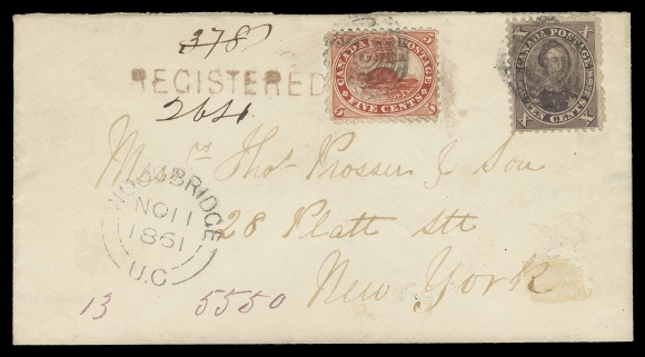 CANADA -  3 CENTS  1861 (November 11) Neat envelope mailed registered from Woodbridge, U.C. to New York bearing a 10c dark purple brown perf 11¾ alongside a 5c vermilion paying the letter rate and registration fee respectively, both tied by concentric rings, double arc dispatch and neat straightline REGISTERED at left; Toronto same-day transit, no receiver as customary for mail to the U.S. Only 16 such frankings to the United States have been recorded in the Firby census, this example is among the nicest, VF (Unitrade 15, 17b early printing)Provenance: Daniel Cantor, September 2011; Lot 390 Dr. John Robertson, April 2004; Lot 168"Carrington" Collection of Province of Canada, June 2002; Lot 3325                   