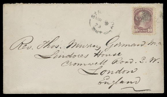 CANADA -  5 SMALL QUEEN  1878 (March 9) Clean cover to London, England bearing a large margined 10c deep lilac rose, Montreal printing, perf 12, trivial perf flaw, light smudge cancel, partially legible (appears to be Strathroy, Ont.) MR 9 78 split ring dispatch at left, neat same-day Hamilton transit and London S.W. MR 23 receiver backstamps. Paying a double Preferred Letter Non-UPU rate to the U.K. which was in effect from October 1, 1875 to July 31, 1878; Canada joined the UPU on August 1st, F-VF (Unitrade 40b)