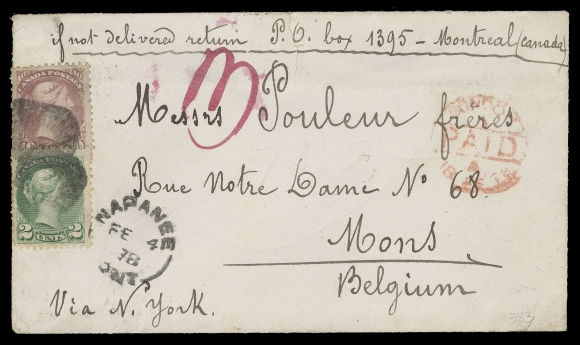 CANADA -  5 SMALL QUEEN  1878 (February 4) Bright white envelope of great eye-appeal mailed from Napanee, Ontario to Mons, Belgium, bearing single Montreal printing 10c magenta perf 11½ and 2c green perf 12, mute "O" cork cancels (Lacelle 671), neat Napanee split ring datestamp, London Paid 18 FE 78 transit in red along with manuscript "3" for British claim fee for delivery to Belgium; portion of backflap missing and small tear to envelope, four different backstamps including Mons receiver. A very rare and desirable franking on a beautiful cover, paying the 10 cent pre-UPU letter rate to Belgium plus the 2 cent Cunard Line Surtax, VF (Unitrade 40d, 36)

Provenance: "Lindemann" (Private treaty, circa. 1997)
                    Don Bowen, Maresch, Sale 290, November 1994; Lot 383
                   Harry Lussey, Maresch Sale 160, October 1983; Lot 341
                   Charles deVolpi, Sissons Sale 242, January 1966; Lot 33 - cover with his circular "CdeV" marking (visible under UV).