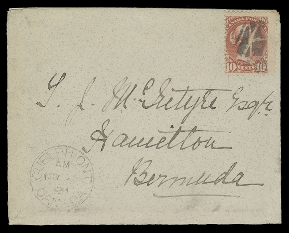 CANADA -  5 SMALL QUEEN  1891 (March 28) Small full-size cover bearing 10c dull rose carmine, Ottawa printing, perf 12 cancelled by unusual segmented cork, clear Guelph MR 28 91 CDS at left; partially clear New York MR 31 91 transit, Hamilton AP 5 91 receiver backstamp. A clean cover paying an unusual double letter rate to Bermuda, VF (Unitrade 45a)