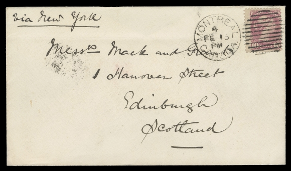 CANADA -  5 SMALL QUEEN  1887 (February 15) An immaculate, fresh cover with embossed Bank of Montreal Head Office crest on backflap, addressed to Scotland bearing a beautiful single-franking 10c magenta, Montreal printing perf 12, with radiant colour and tied by Montreal FE 15 duplex, Edinburgh FE 25 87 CDS receiver on back. A visually striking double UPU letter rate cover to the United Kingdom, VF (Unitrade 40a)