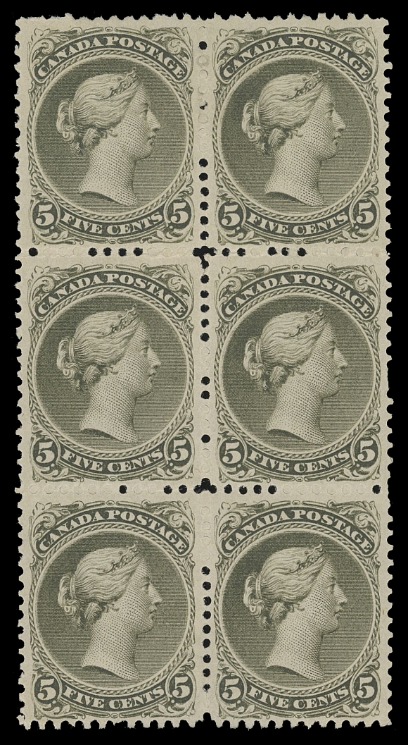 CANADA  26iv,An extraordinary mint block of six with fabulous colour and clear impression on pristine fresh paper, well centered, couple short perfs right, displaying characteristic dull, streaky (matte) white original gum, top and bottom pairs hinged leaving the centre pair NEVER HINGED. A wonderful Large Queen showpiece, VF (Unitrade cat. $40,000 as singles)Expertization: 2007 Greene Foundation certificateProvenance: Charles Lathrop Pack, Part One, Harmer, Rooke & Co., December 1944; Lot 177Michael Roberts, Eastern Auctions, December 2006; Lot 272Literature: Illustrated in Winthrop Boggs handbook "The Postage Stamps and Postal History of Canada" on page 246.VERY FEW MULTIPLES LARGER THAN A BLOCK OF FOUR EXIST. LIKELY THE MOST DESIRABLE OF ALL FIVE-CENT MULTIPLES IN TERMS OF QUALITY AND CENTERING.