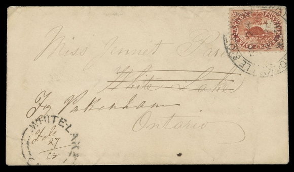 CANADA -  3 CENTS  1868 (February 24) Small envelope bearing a 5c vermilion mailed from Arnprior to White Lake, neat dispatch split ring on back, stamp neatly postmarked by large portion of clear double ring Brockville & Ottawa Railway / NORTH FE 24 1868 (Gray ON-57 - RF "E"), redirected to Pakenham with White Lake double arc dispatch with filled-in Feb 27 68 date, back to Arnprior FE 27, partially legible Pakenham FE 28 receiver. A rare example of a Decimal stamp struck with an RPO postmark on cover, VF (Unitrade 15)