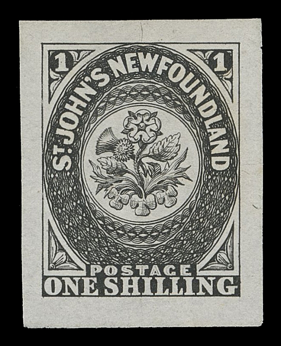 NEWFOUNDLAND -  1 PENCE  9,Original Perkins Bacon Engraved Die Proof in choice condition, printed in black on india paper, showing the approved design - flower ornaments in all corners adopted on the issued stamp. A very rare and most appealing proof, XF; 2019 Greene Foundation cert.