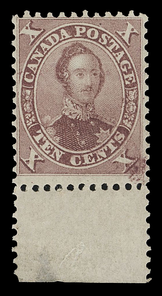 CANADA - 3 CENTS 17vi,A marvelous mint example with sheet margin at foot, natural printing ink smear at lower right (likely occurring during printing), large part original gum somewhat disturbed. Visually striking and one of the nicest mint examples, VF OG
Expertization: 2013 Greene Foundation certificate
The stamp displays the constant "C" flaw, quite distinctive above the "C" of CANADA, appearing on stamps in the last two columns in the sheet beginning with printing order no. 17 in 1864. This example is either from Position 99 or 100 in the sheet.