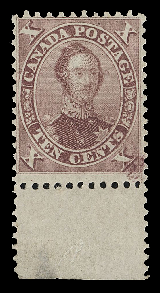 CANADA -  3 CENTS  17vi,A marvelous mint example with sheet margin at foot, natural printing ink smear at lower right (likely occurring during printing), large part original gum somewhat disturbed. Visually striking and one of the nicest mint examples, VF OG

Expertization: 2013 Greene Foundation certificate

The stamp displays the constant "C" flaw, quite distinctive above the "C" of CANADA, appearing on stamps in the last two columns in the sheet beginning with printing order no. 17 in 1864. This example is either from Position 99 or 100 in the sheet.